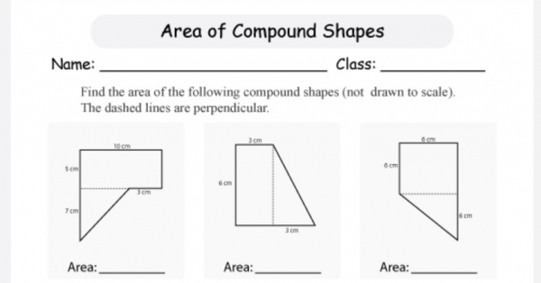 Fourth grade math worksheet for calculating the area of complex compound geometric shapes