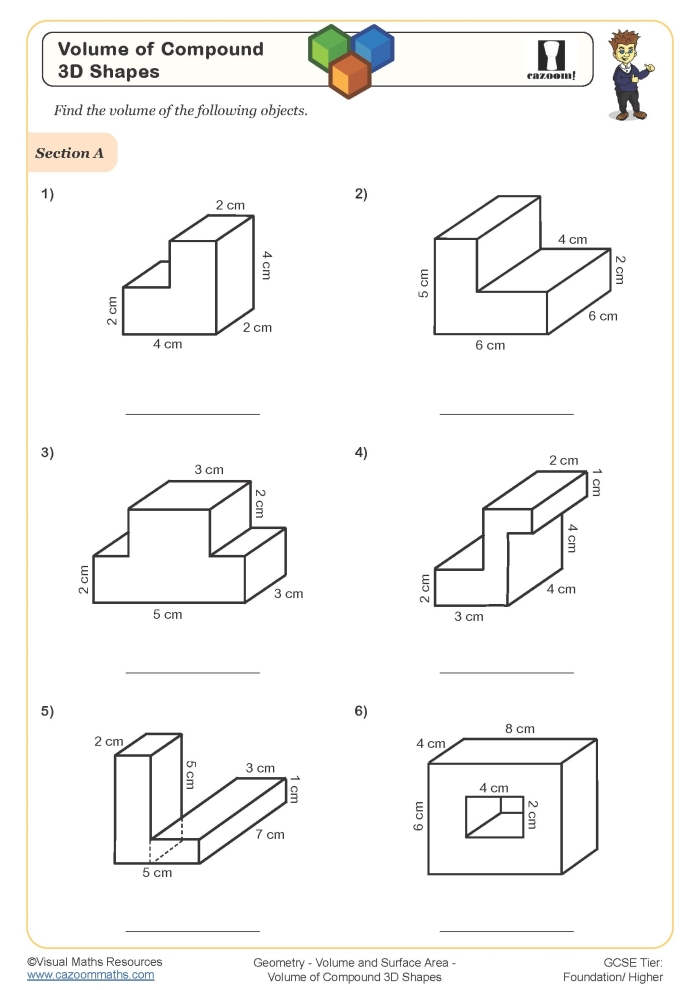 Fourth grade math worksheet for calculating the area of complex compound shapes