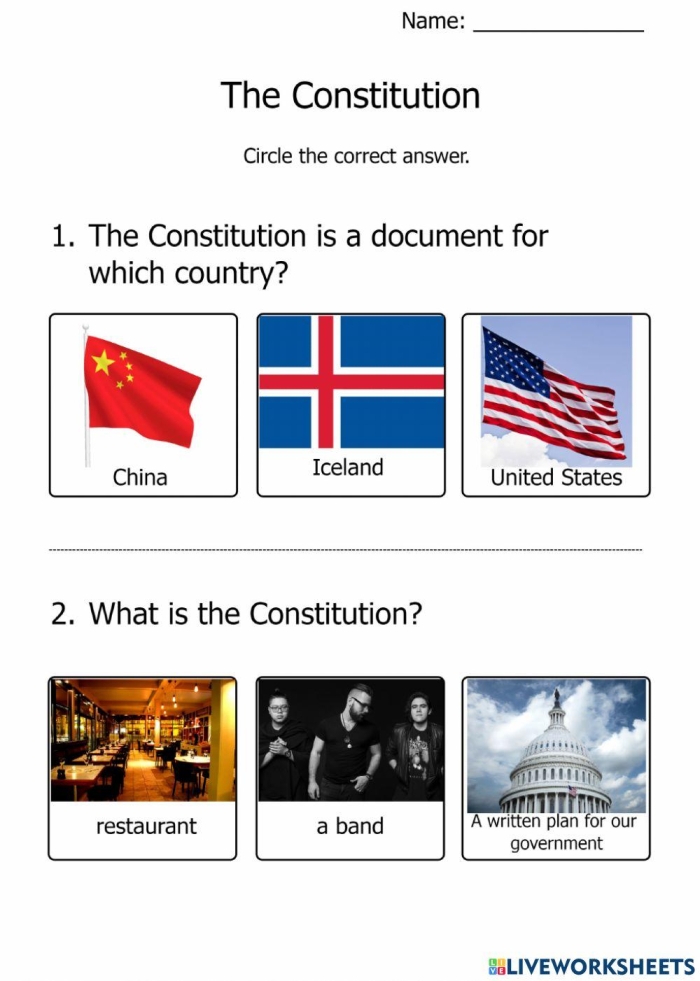 Fourth grade student practicing cursive handwriting on a one-page worksheet about the United States Constitution