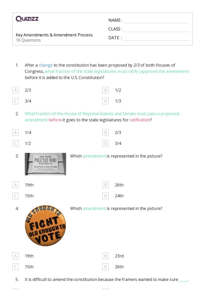 Fourth grade students completing an amendments quiz worksheet with constitution questions