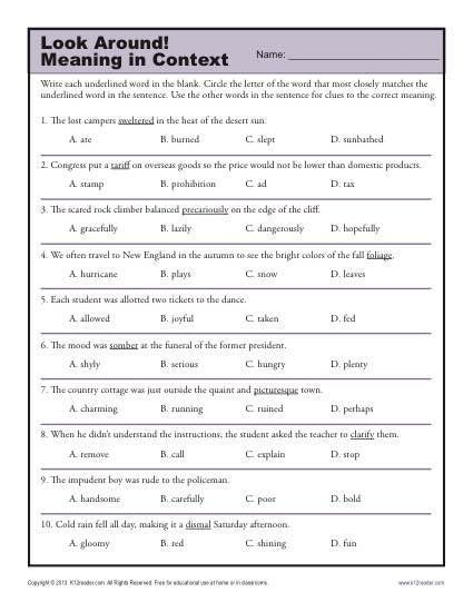 Students engaging with the Look Around! Using Context Clues worksheet in a classroom setting. Worksheet for fourth graders focusing on vocabulary through context clues.