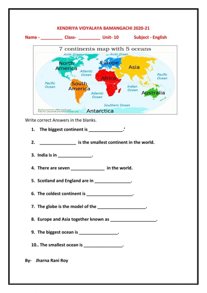 Cut-out worksheet featuring the seven continents for fourth-grade students to place on a globe. Educational activity image for The Seven Continents worksheet in an algebra context.