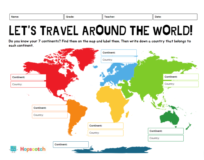 Children's worksheet featuring the seven continents for globe placement activity