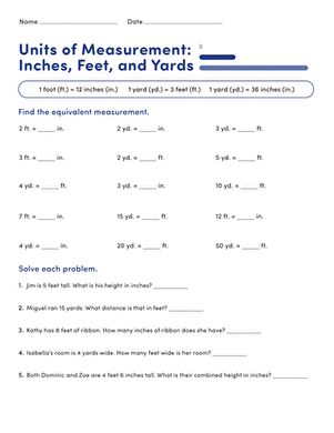 Worksheet featuring conversions between inches, feet, and yards for fourth graders