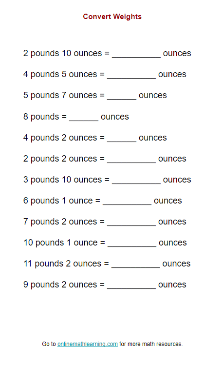 Fourth grade Easter math worksheet for practicing how to convert pounds to ounces
