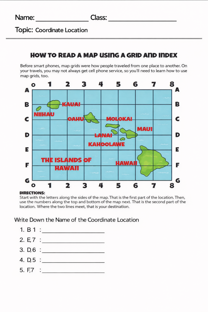 Fourth grade coordinate grid map worksheet showing Geo City with ordered pairs to locate and identify on the graphing grid