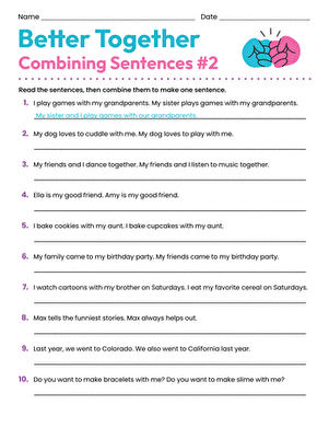 Combining Sentences: Coordinating Conjunctions Worksheet for Handwriting Practice Worksheet for practicing the use of coordinating conjunctions in sentences for fourth graders