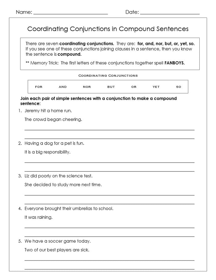 Practice worksheet on coordinating conjunctions for sentence construction Worksheet for combining sentences using coordinating conjunctions for fourth graders