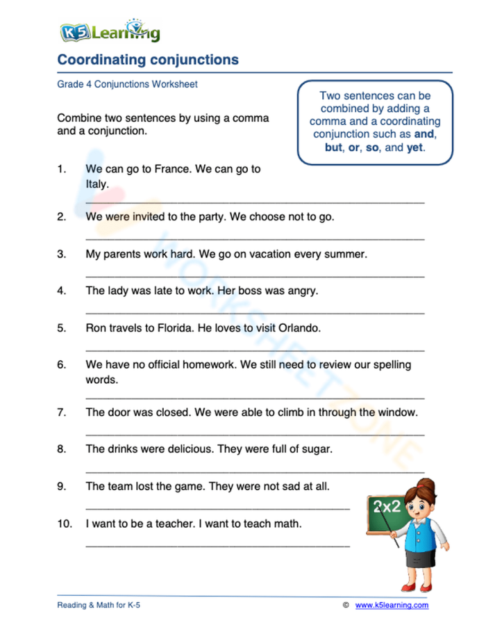 Combining Sentences with Coordinating Conjunctions worksheet for fourth graders Worksheet for practicing coordinating conjunctions in sentence combining