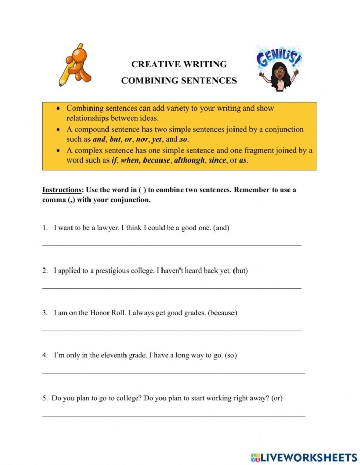 Educational resource for practicing sentence structure using conjunctions Worksheet focused on combining sentences with coordinating conjunctions for fourth graders