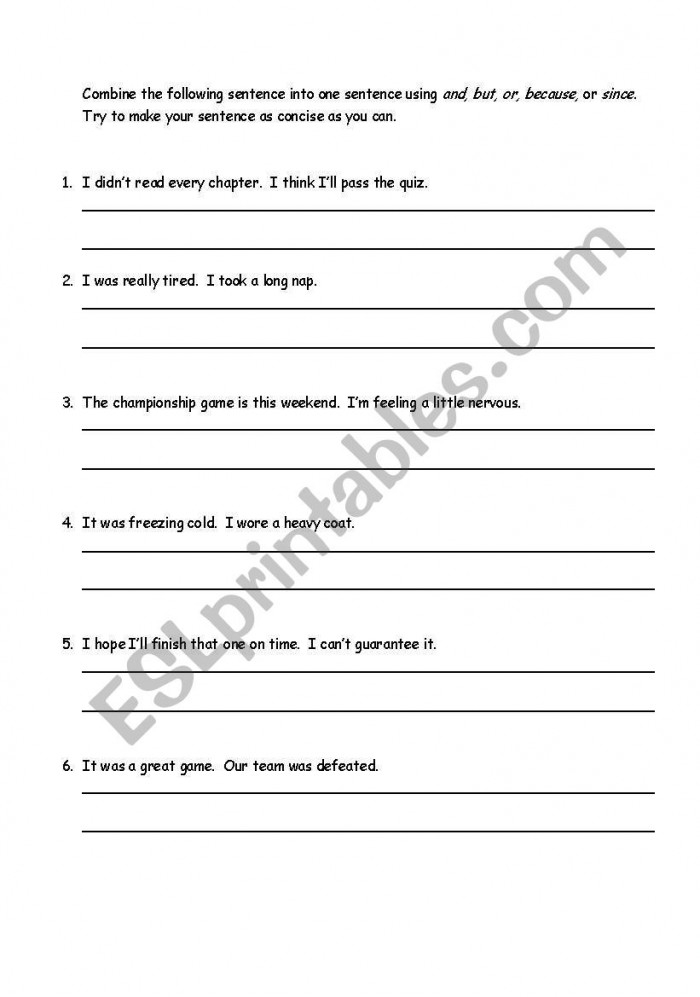 Coordinating conjunctions practice worksheet for handwriting skills Worksheet for combining sentences using coordinating conjunctions for fourth graders