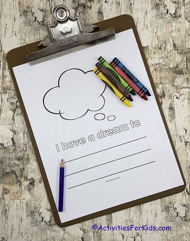 I Have a Dream worksheet for fourth graders featuring Dr. King's speech excerpts and a drawing activity. Educational resource for reflecting on Dr. King's vision through creative illustration.