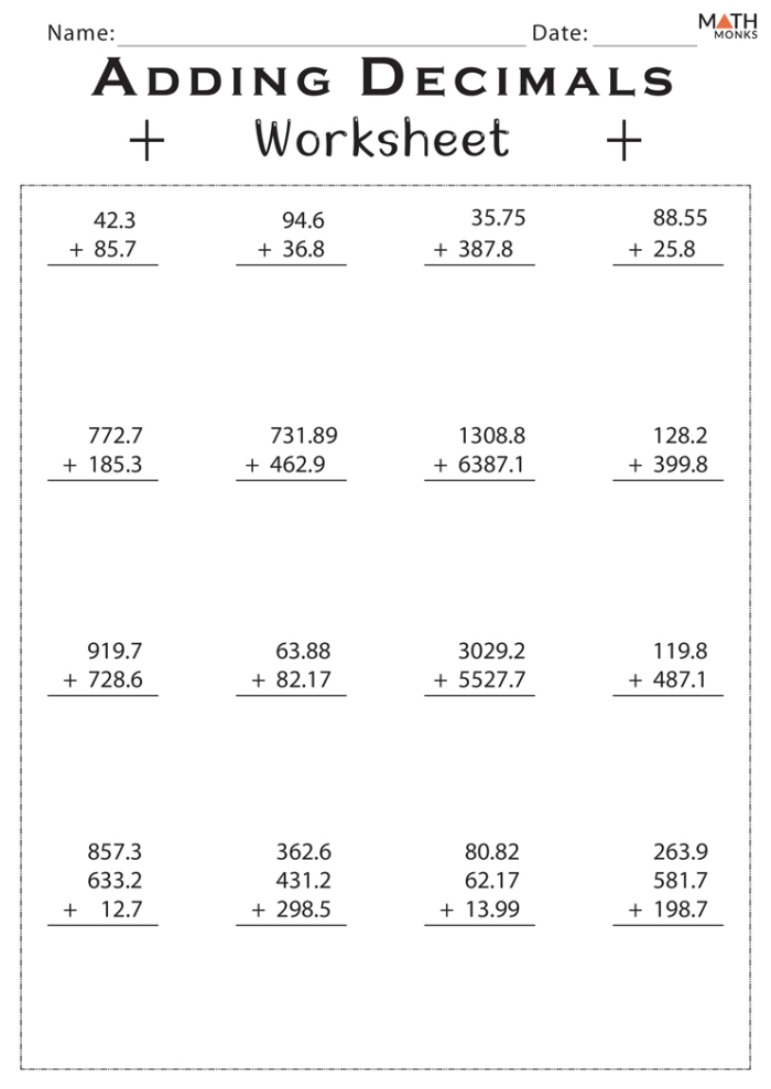 Fourth grade math worksheet for practicing decimal addition up to the hundredths place
