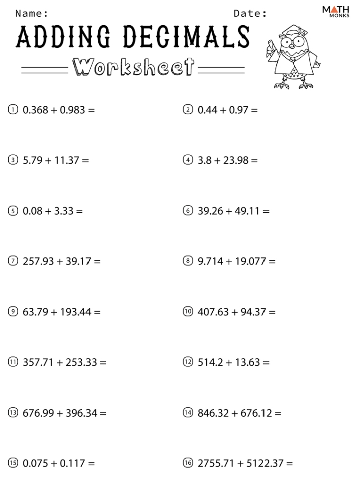 Fourth grade math worksheet for practicing decimal addition up to the hundredths place