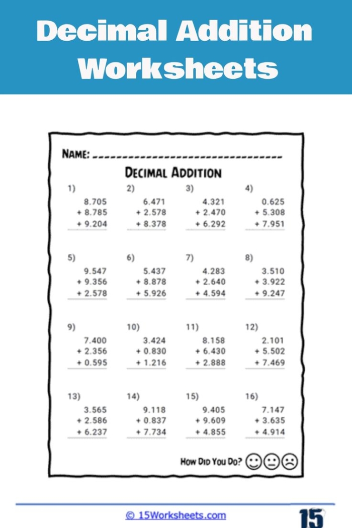 Fourth grade students practicing decimal addition problems with colorful visual examples for adding numbers to the hundredths place