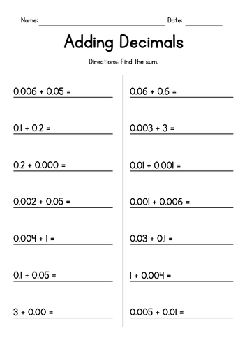 Fourth grade math worksheet featuring decimal addition problems up to the hundredths place