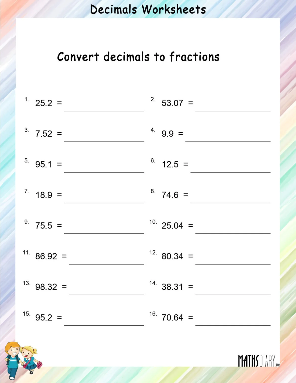 Fourth grade math worksheet featuring practice problems for converting currency values into decimals