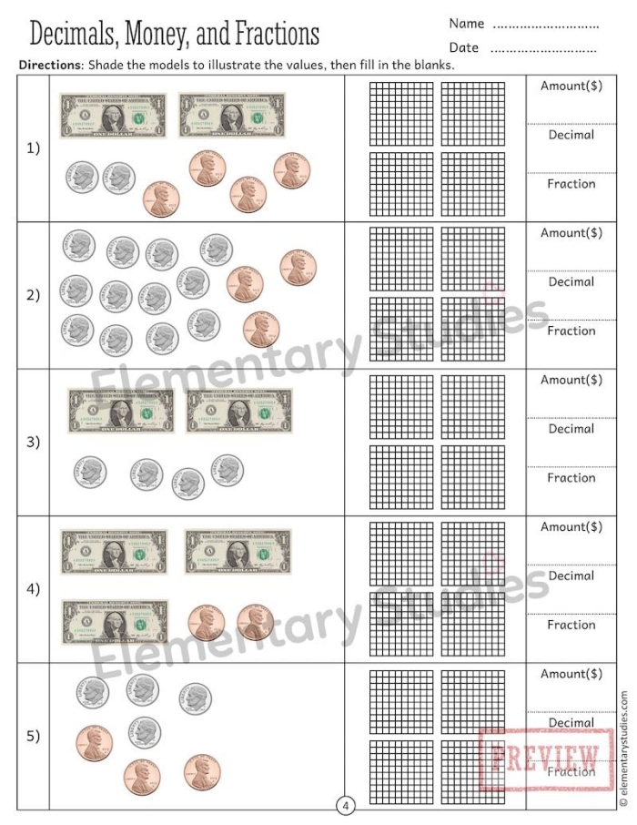 Fourth grade money practice worksheet showing fractions and decimals with dollar sign notation exercises for image 17