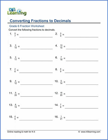 Decimals to Fractions worksheet for fourth-grade multiplication practice