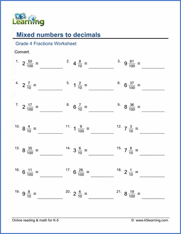Decimals to Fractions worksheet for fourth graders featuring decimal to fraction conversion exercises