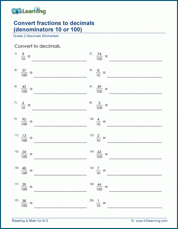 Fourth grade math worksheet featuring decimal to fraction conversion problems for students