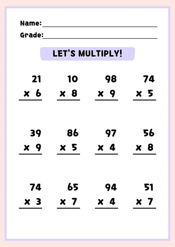 Mammoth Multiplication Problems: Decimals Worksheet 20 for Elementary Math Practice Fourth grade math worksheet showing double digit by single digit multiplication problems with decimals for practice