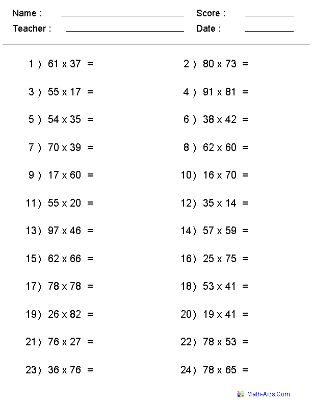 Mammoth Multiplication Problems worksheet for practicing decimal multiplication skills Fourth grade math worksheet showing double digit by single digit multiplication problems with decimals