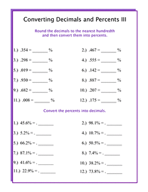 Fourth grade worksheet featuring practice problems for rounding decimals and converting to percents in physical science