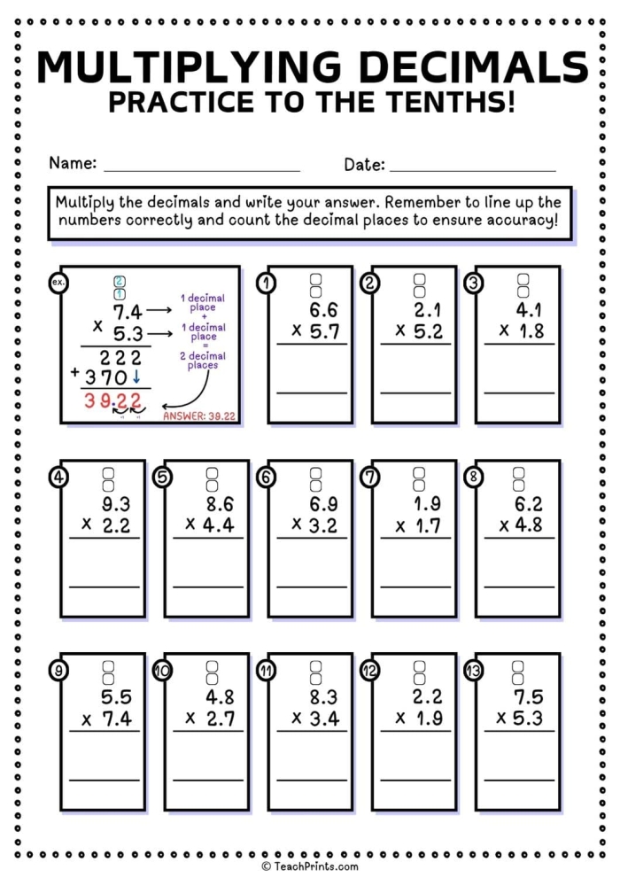 Fourth grade math worksheet showing decimal tenths place values with visual fraction models and number line examples for understanding tenths