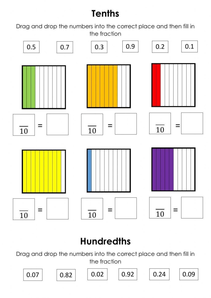 Fourth grade math worksheet featuring practice problems on the tenths place and decimal-fraction relationships