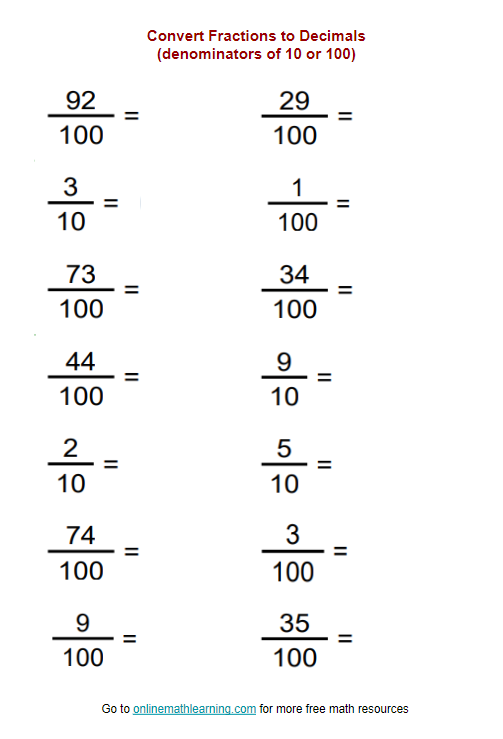 Worksheet displaying a decimal to fraction conversion exercise for fourth graders