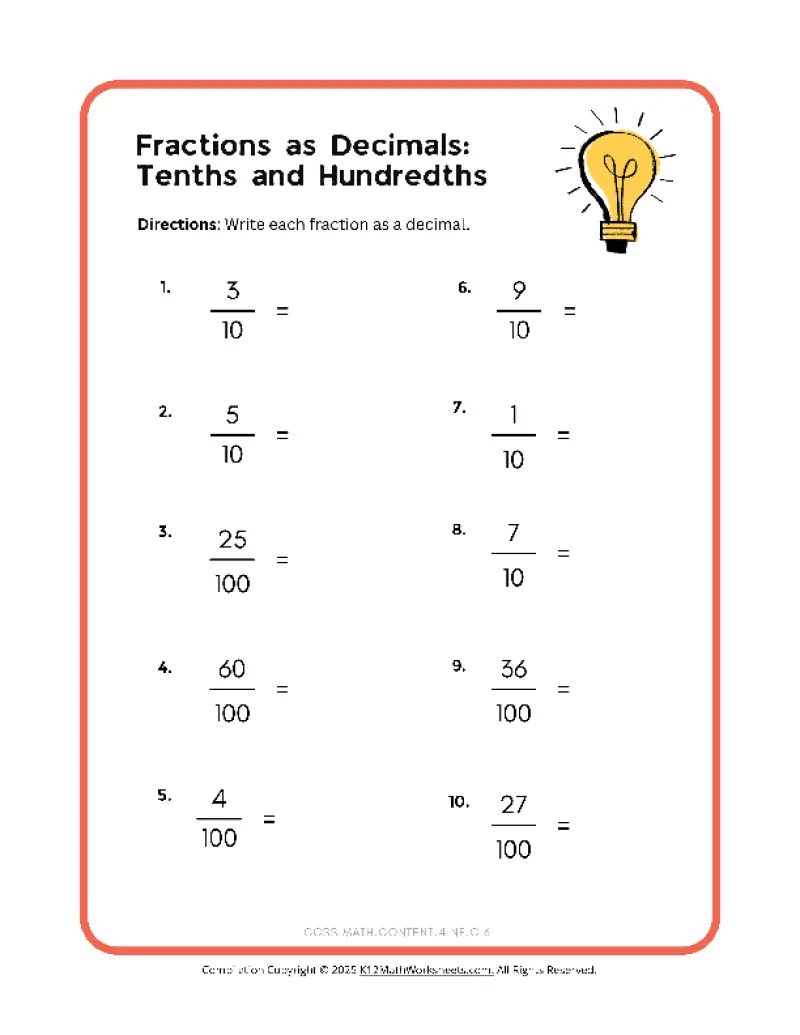 Fourth grade math worksheet for converting decimals to fractions with multiplication practice 16