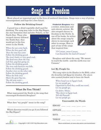 Fourth grade students learning about Underground Railroad freedom songs through a decimal math worksheet