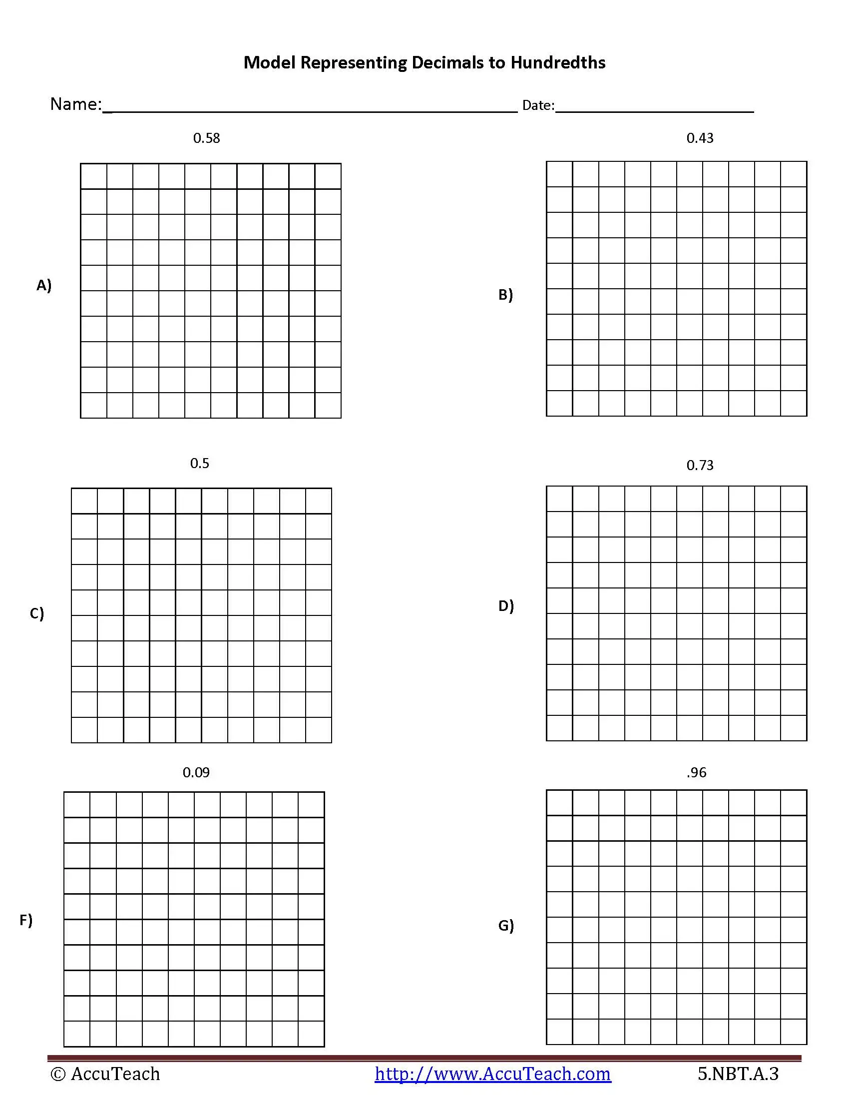 Decimals Hundredths Place Worksheet 25 Fourth grade math worksheet for practicing decimals and hundredths place value concepts
