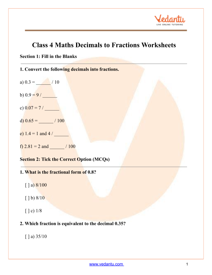 Decimals to Fractions worksheet for fourth graders, focusing on equating decimal values with their corresponding fractions. Educational resource image illustrating a multiplication concept in math for Grade 4.