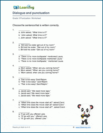 Worksheet for practicing punctuation in dialogue for fourth graders