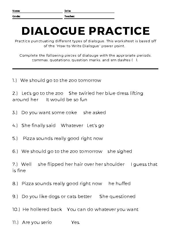 Worksheet for practicing punctuation in dialogue for fourth graders