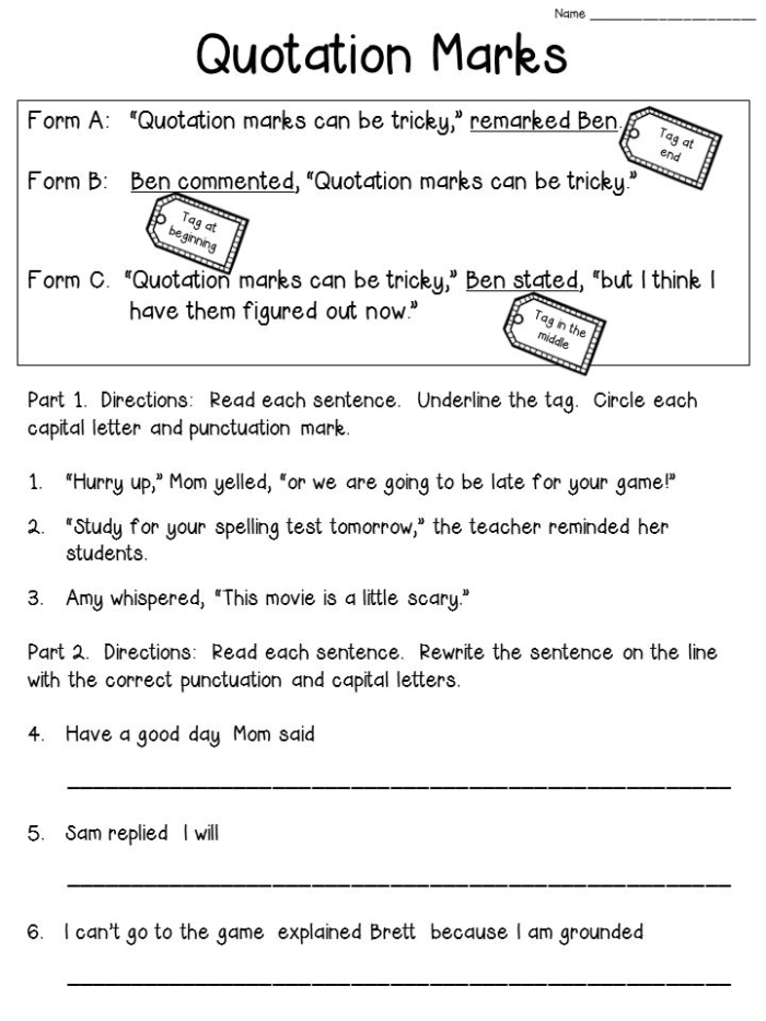 Worksheet for practicing punctuation in dialogue for fourth graders