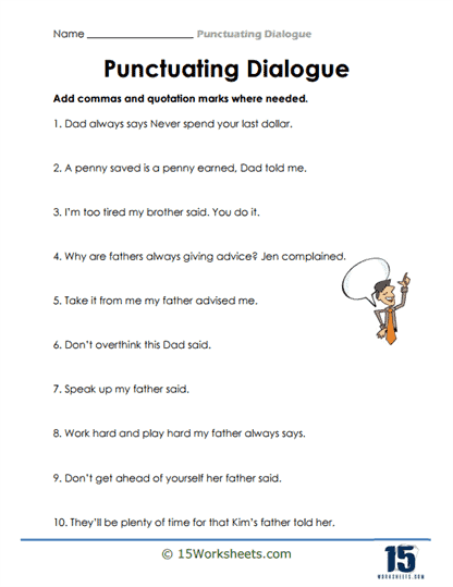 Worksheet for practicing punctuation in dialogue for fourth-grade students