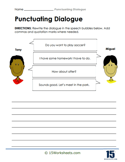Worksheet for practicing punctuation in dialogue for fourth graders