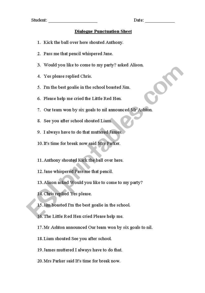 Engaging worksheet focused on punctuation in dialogue for fourth-grade students