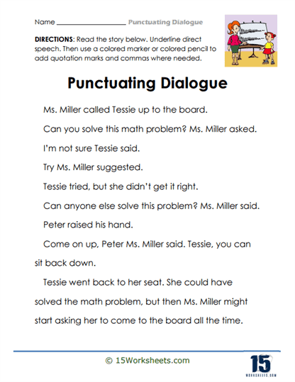 Fourth grade students editing dialogue punctuation in a grammar worksheet