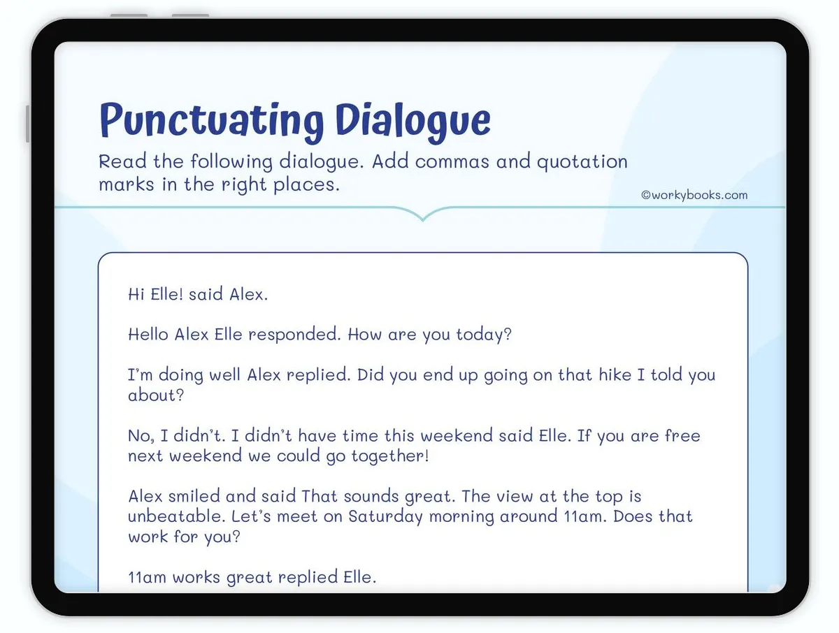 Engaging worksheet for fourth graders on using punctuation in dialogue