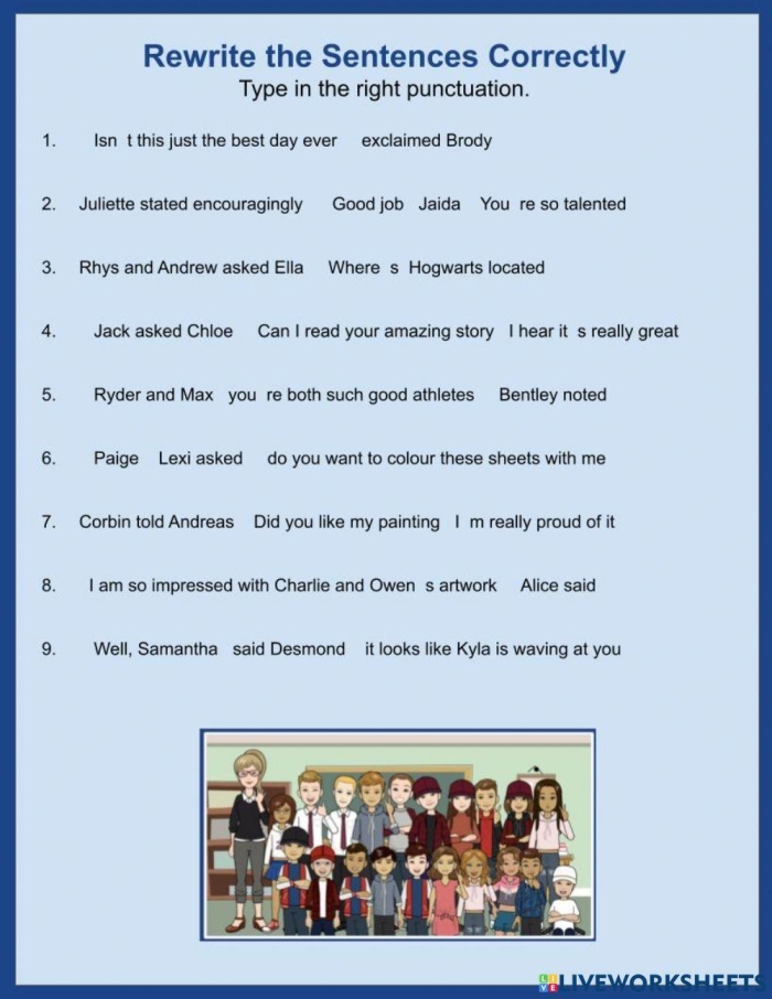 Worksheet focused on practicing punctuation in dialogue for fourth-grade students