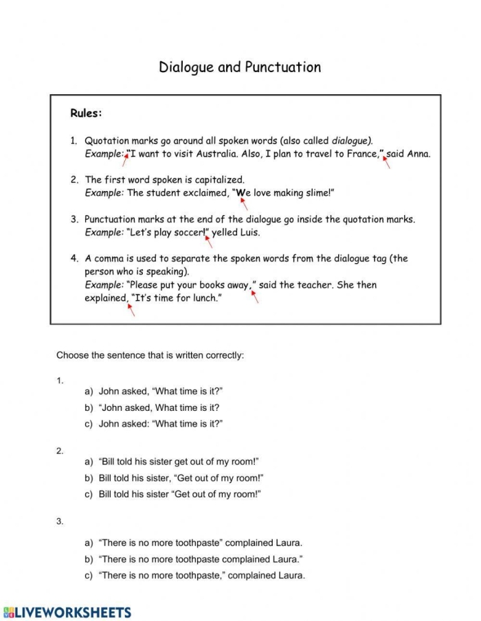Worksheet for practicing punctuation in dialogue for fourth graders