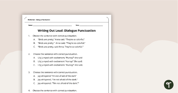 Worksheet for practicing punctuation in dialogue for fourth graders