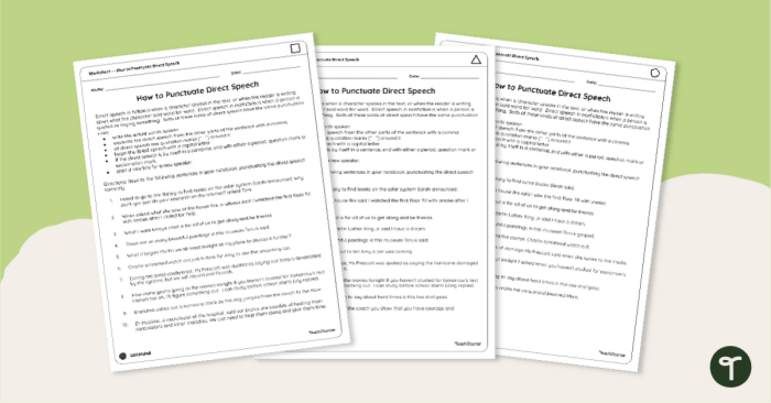 Worksheet for practicing punctuation in dialogue for fourth graders