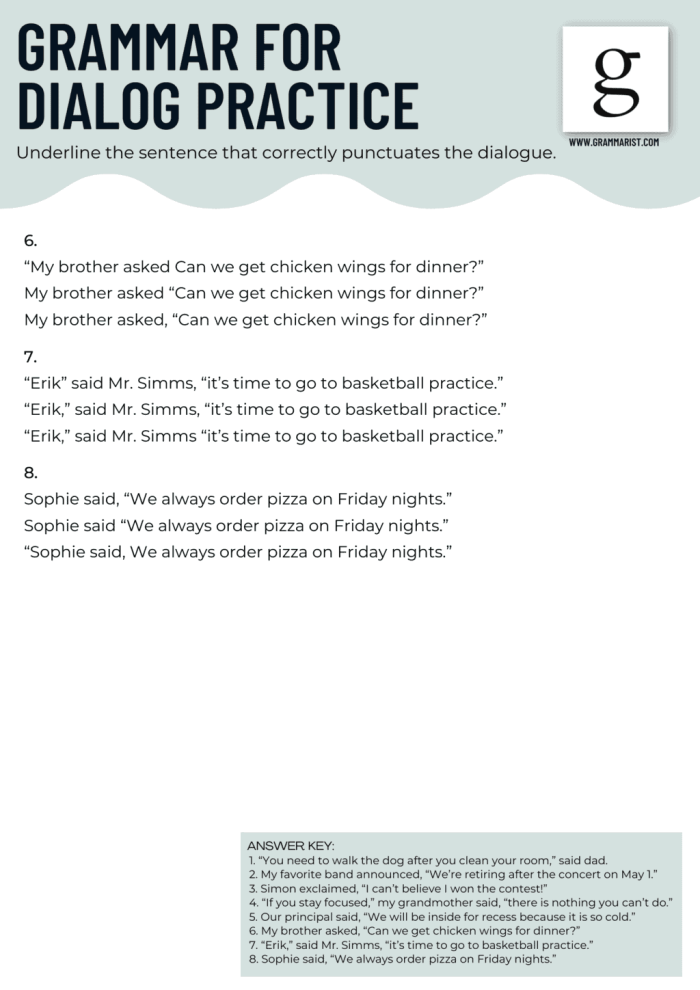 Worksheet featuring punctuation exercises for dialogue editing in fourth grade.