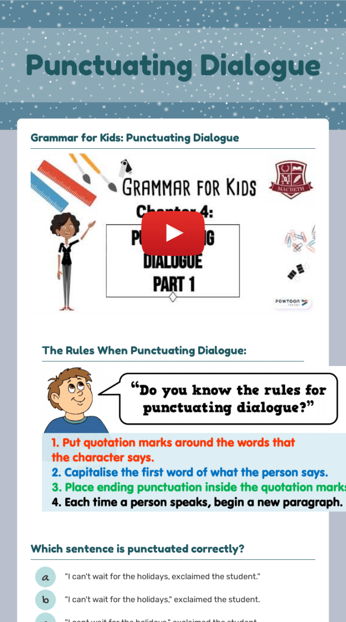 Worksheet featuring punctuation exercises for dialogue editing