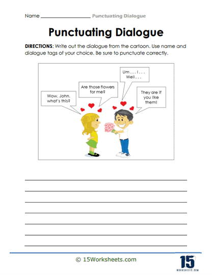 Worksheet featuring punctuation exercises for dialogue editing